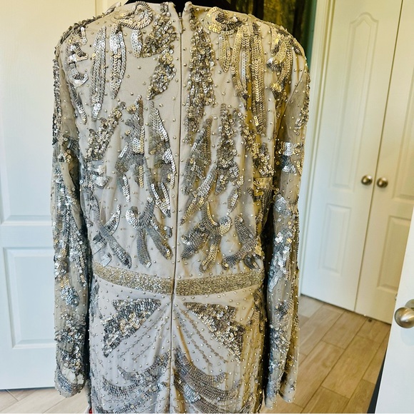 Mac Duggal 5222 SEQUINED WRAP SPLIT LONG SLEEVE GOWN NWT platinum Silver Sz 12 - Picture 11 of 15